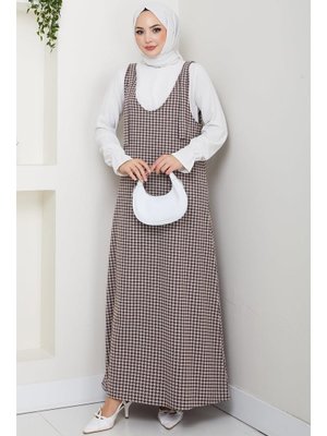 Hafsa Mina Kahverengi Kaz Ayağı Desen Jile Elbise