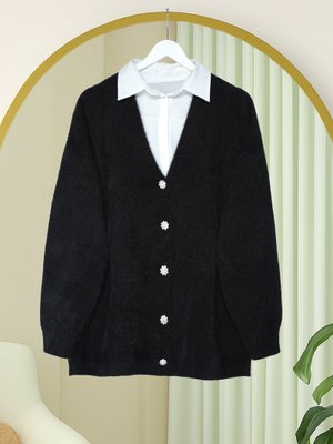 Podyumplus Siyah Önü Düğmeli Sakallı Salaş Triko Hırka