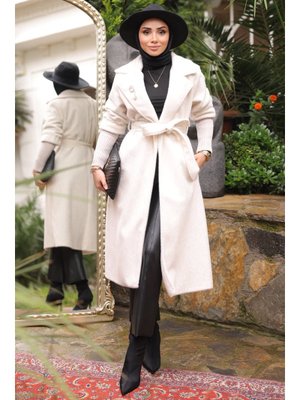 İmaj Butik Krem Kolları Örgü Detaylı Angora Kaban