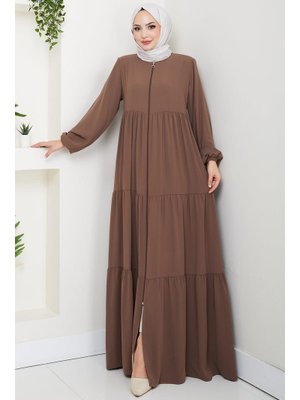 Hafsa Mina Açık Kahve Kat Kat Büzgülü Ferace