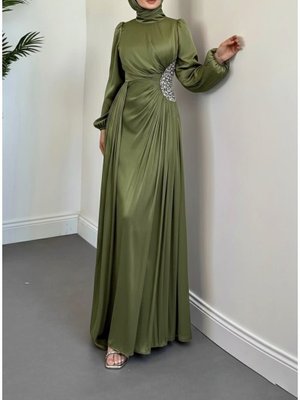 Podyumplus Haki Kolu Lastikli Taş Detaylı Astarlı Janjan Abiye Elbise