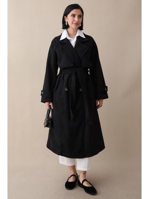 InStyle Kapaklı Kuşaklı Astarsız Siyah Kaşe Kaban