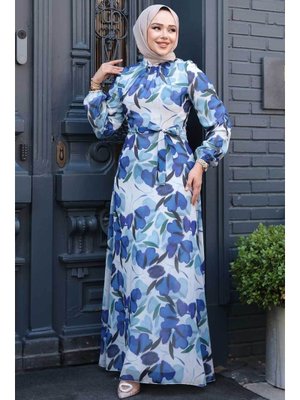 Neva Style Çiçek Desenli Sax Mavisi Elbise 279901sx