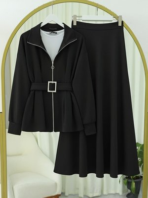 Podyumplus Siyah Beli Katlamalı Önü Fermuarlı Kemerli Etekli Penye Takım