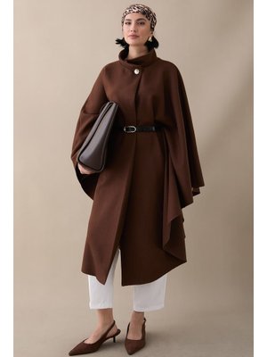 InStyle Kemerli Kaşe Kahverengi Uzun Panço