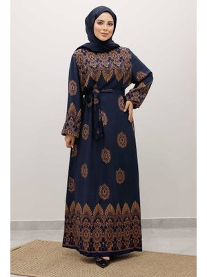 Tesettür Dünyası Lacivert Çini Desenli Viskon Elbise