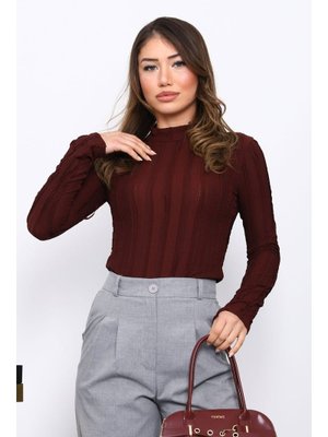 İmaj Butik Mürdüm Fırfır Detaylı Dik Yaka Bluz