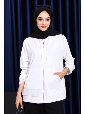 İmaj Butik Ekru Kapüşonlu Fermuarlı Modal Sweat Hırka