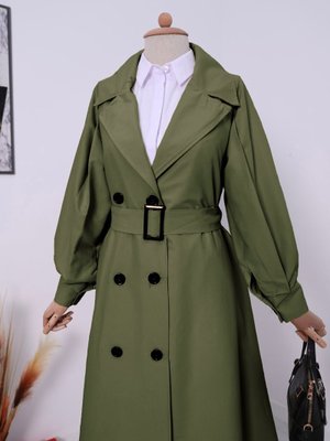 Podyumplus Haki Balon Kol Tokalı Kemerli Yan Cepli Trençkot