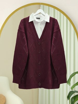 Podyumplus Bordo Ajurlu Baklava Desenli Triko Hırka