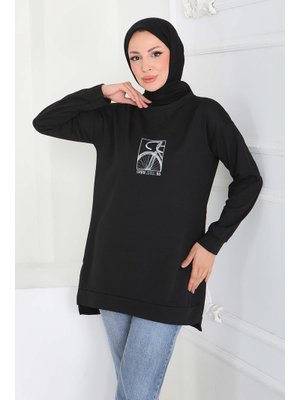 Tofisa Sıyah Siyah Yanları Yırtmaçlı Baskı Detaylı Modal Tunik