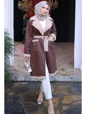 İmaj Butik Kahverengi Kruvaze Yaka İçi Kürklü Süet Kaban