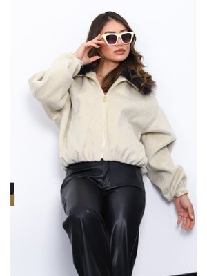 İmaj Butik Taş Yaka Kürklü Oversize Bomber Kaşe Ceket