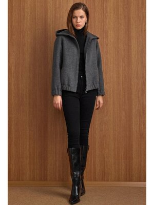 Olcay Koyu Gri Kapüşonlu Beli Lastikli Oversize Kısa Kaban