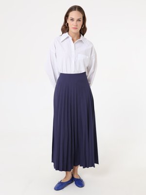 Refka Lacivert Krep Kumaşlı Piliseli Klasik Etek