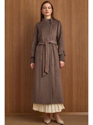 Olcay Latte Hakim Yaka Ribana Detaylı Uzun Moher Kaban