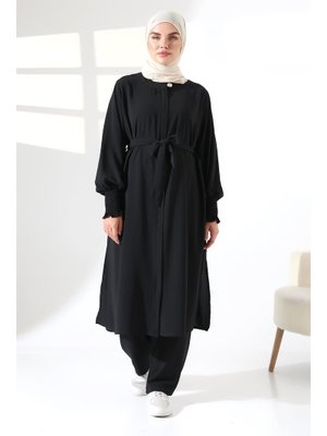 İhvanonline Siyah Keten Hac Ve Umre Kıyafeti Kemerli İkili Takım