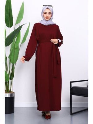 İmaj Butik Bordo Kolu Armalı Reglan Kol Basic Modal Kuşaklı Elbise