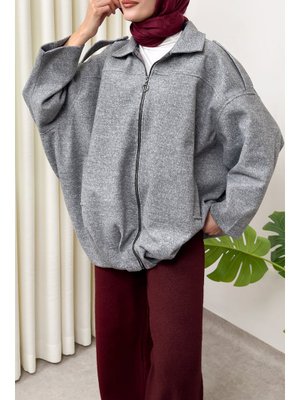 Salih Çelebi Gri Fermuarlı Oversize Kaşe Kaban