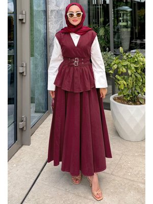 Salih Çelebi Bordo Tokalı Yelekli Denim Takım