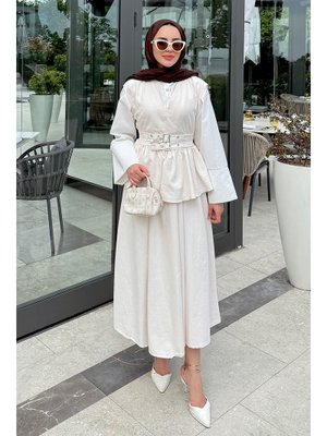 Salih Çelebi Ekru Tokalı Yelekli Denim Takım