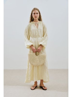 MANUKA Sarı Yakası Büzgülü Keten Geniş Elbise