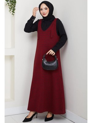 Hafsa Mina Kırmızı Kaz Ayağı Desen Jile Elbise