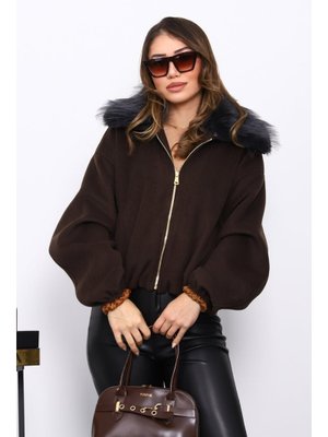 İmaj Butik Kahverengi Yaka Kürklü Oversize Bomber Kaşe Ceket