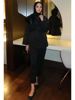 Podyumplus Siyah Kürk Yakalı Scuba Takım