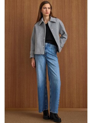 Olcay Açık Gri Çıt Kapamalı Pat Detaylı Kısa Kaban