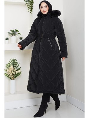 Hafsa Mina Siyah Nova Büyük Beden Kapitone Mont