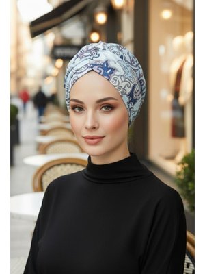 Aisha`s Design Desen Arkadan Bağlanabilir Desenli Bone Türban,db