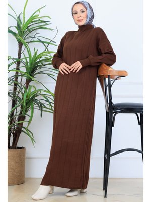 Benguen Kahverengi Fitilli Triko Elbise