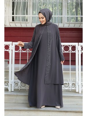 Neva Style Boncuk İşlemeli Füme Abaya 29132fu