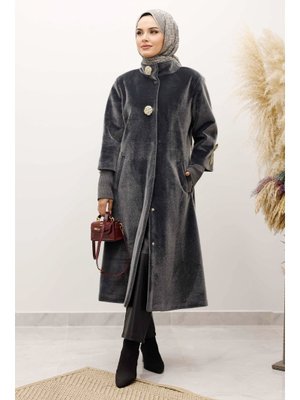 Tesettür Dünyası Gri Kol Ucu Triko Detaylı Angora Fox Kaban