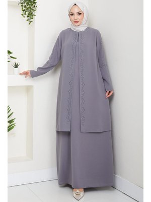Hafsa Mina Gri Büyük Beden Boncuklu Taşlı Anne Elbisesi