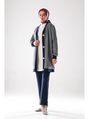 Plistre Dört Mevsim, Diyagonel, Ottoman, Lacivert 2294_ Büyük Düğme Detaylı, Tunik Boy Hırka