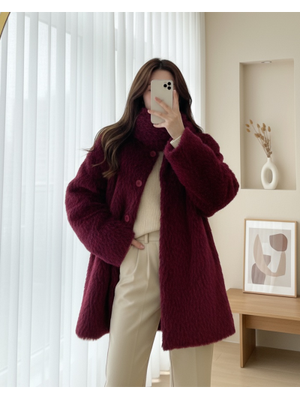 Podyumplus Bordo Atkı Detaylı Önü Düğmeli Sakallı Ceket