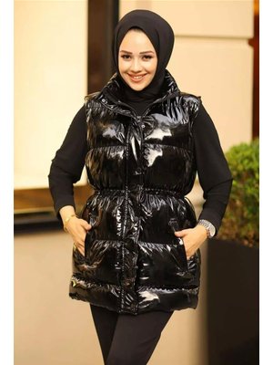 Harmatime butik Çıt Çıtlı Fermuarlı Cepli Siyah Parlak Şişme Yelek