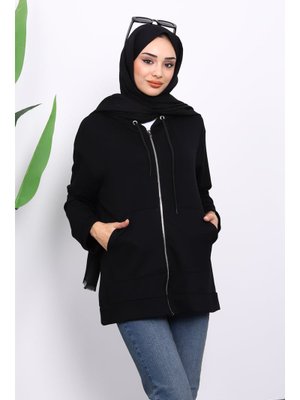 İmaj Butik Siyah Kapüşonlu Fermuarlı Modal Sweat Hırka