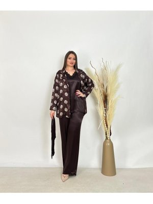 De White`s Büyük Beden Lü Bluzlu Pantolonlu Ceketli Takım Kahve