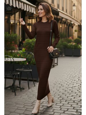 Benguen Kahverengi Desenli Uzun Triko Elbise