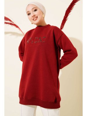 Volt Clothing Bordo Amore Nakışlı Üç İplik Tunik