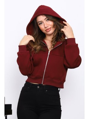 İmaj Butik Bordo Kısa Kanguru Cepli Fermuarlı Üç İplik Sweat Hırka