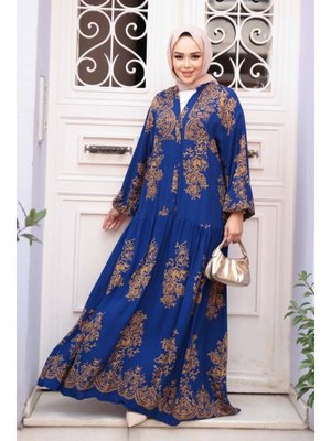 Neva Style Çiçek Desenli Sax Mavisi Elbise 18241sx