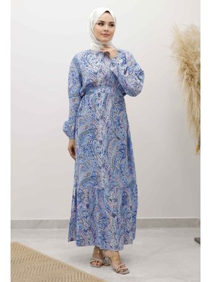 Tesettür Dünyası Mavi Şal Desen Kuşaklı Elbise