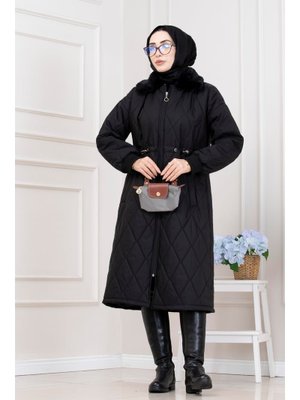 Sevitli Siyah Yakası Kürklü Capitone Mont