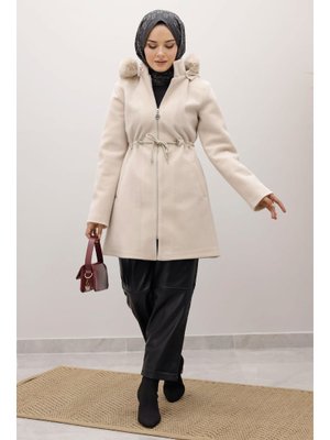 Tesettür Dünyası Bej Kapüşonlu Fermuarlı Fox Kaban