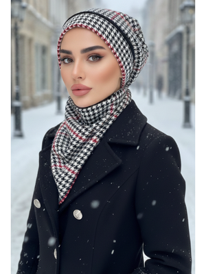 AİŞE TESETTÜR Siyah Kırmızı Kazayağı Bere Ve Etol Takım