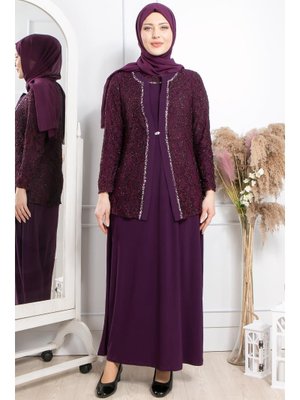 MODAVİKİ Mürdüm Taş İşleme Detaylı Simli Abiye